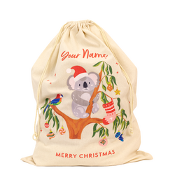 Personalised Christmas Australiana - Natural Calico Bag Santa Sack - 50cm x 70cm with Drawstrings
