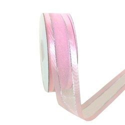 Pink Satin Edge Organza with Silver Thread Ribbon - 25mm x 25m