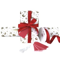 Pack Deal - Xmas Tree Gold Wrapping Paper, Grosgrain Ribbons, and Red Gift Tags