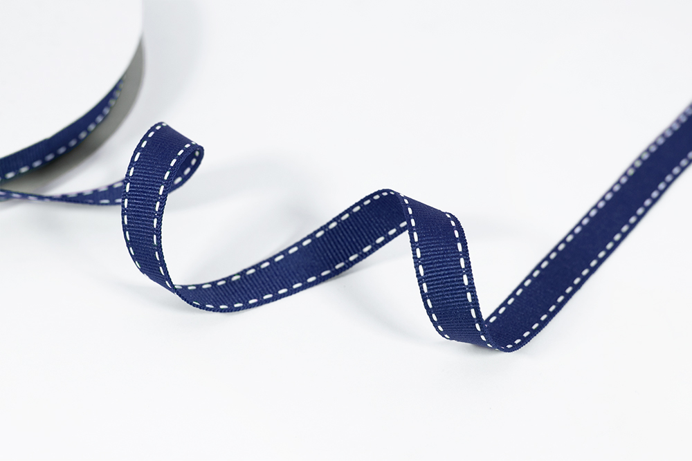 Caspari Grosgrain Stitch Wired Ribbon, Marine Blue and White