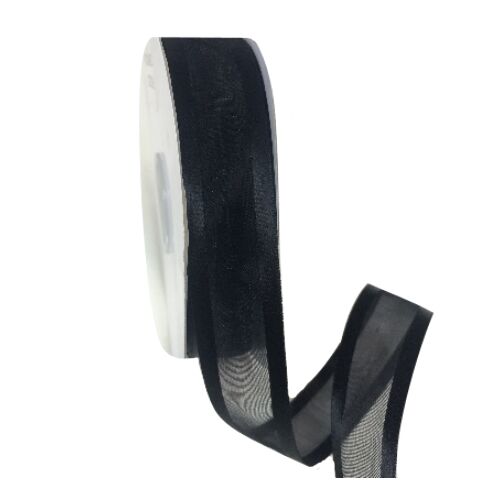 Large View Black Organza Ribbon with Satin Edge 25mm X 25M