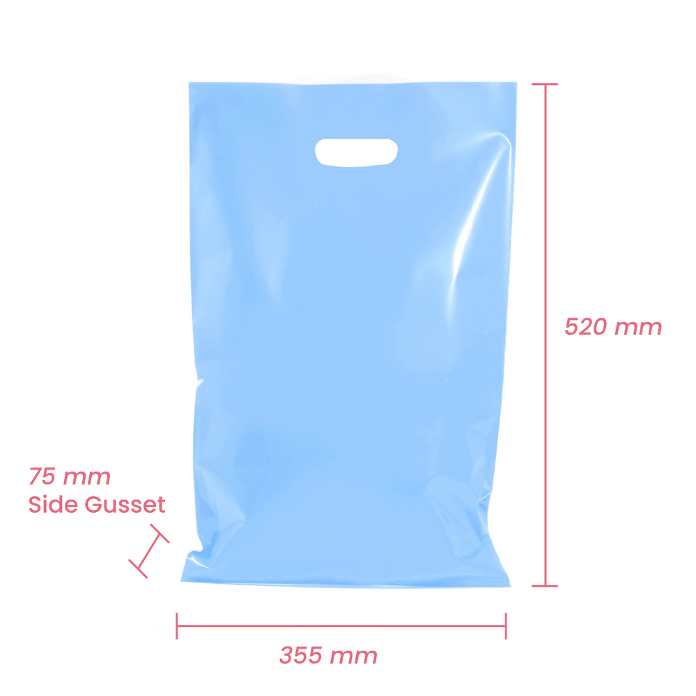 100 x Plastic Carry Bags Large With Die Cut Handle  - LDPE - Glossy Light Blue