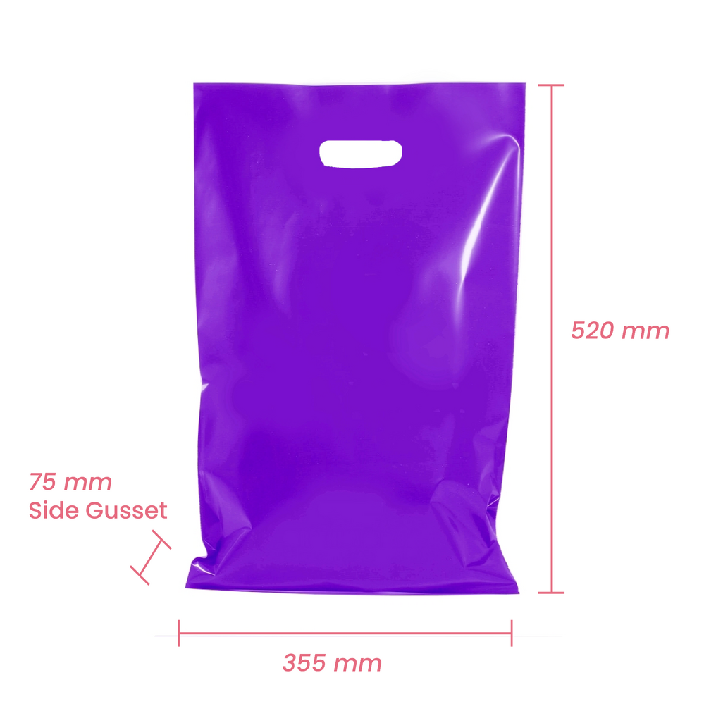 100 x Plastic Carry Bags Large With Die Cut Handle  - LDPE - Glossy Purple