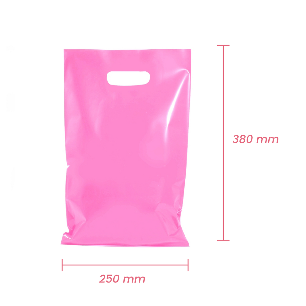 100 x Plastic Carry Bags Small - Medium With Die Cut Handle  - LDPE - Glossy Light Pink