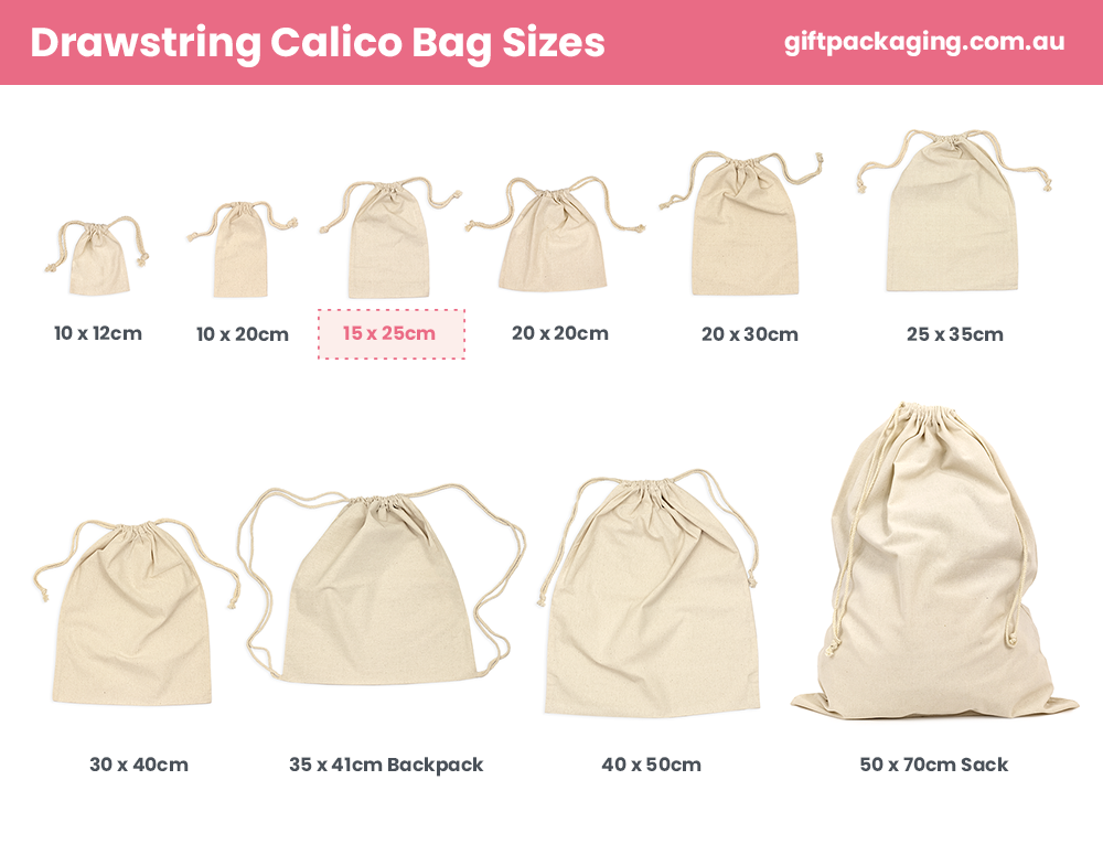 Natural Calico Bags 15cm x 25cm with Drawstrings