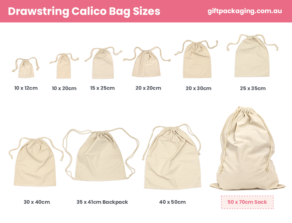 Large View Custom PREMIUM DTF Printed - Natural Calico Bag Sacks - 50cm x 70cm with Drawstrings