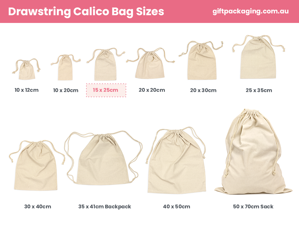 Large View Custom PREMIUM DTF Printed - Natural Calico Bags - 15cm x 25cm with Drawstrings