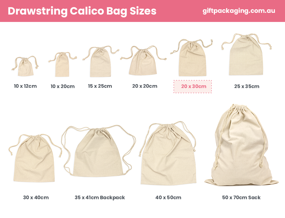 Large View Custom PREMIUM DTF Printed - Natural Calico Bags - 20cm x 30cm with Drawstrings