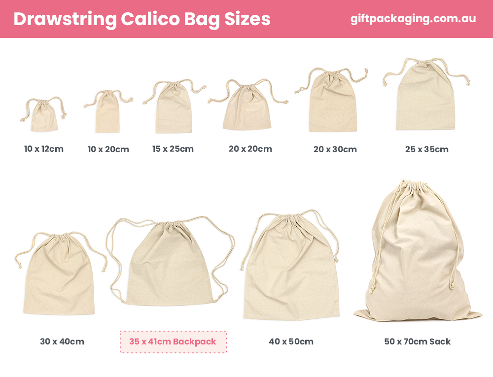 Large View Custom PREMIUM DTF Printed - Natural Back Pack Calico Bags - 35cm x 41cm with Drawstrings