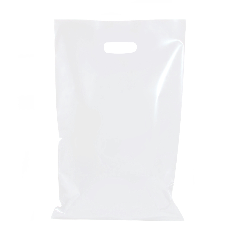 100 x Plastic Carry Bags Large With Die Cut Handle - LDPE - Glossy White