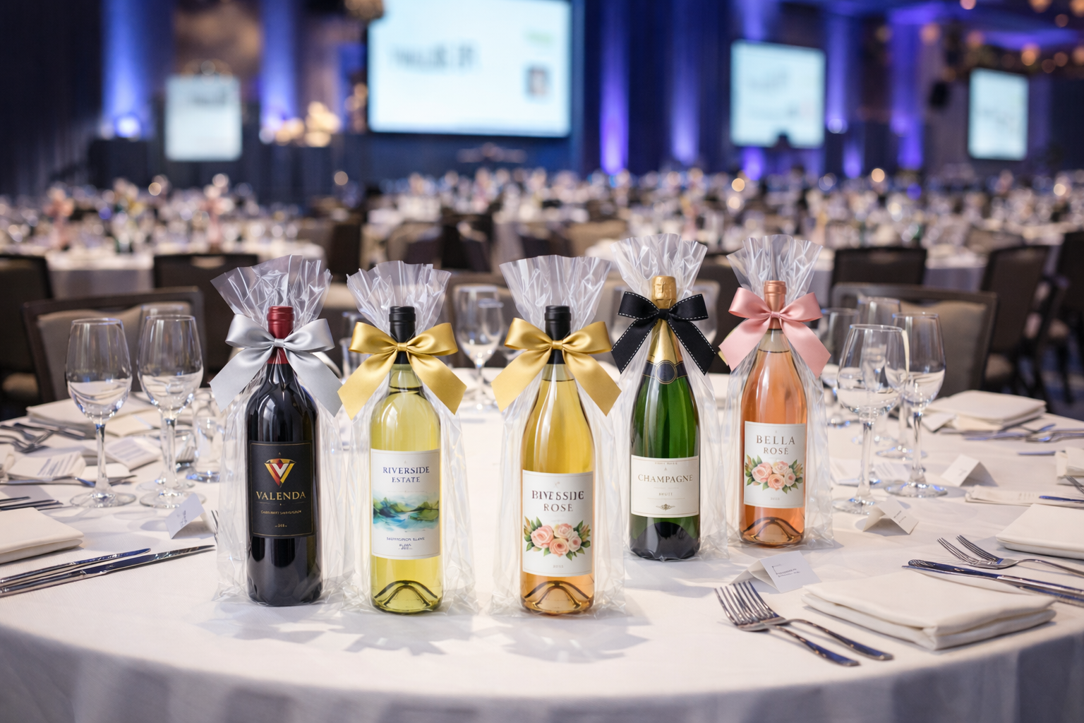 Corporate event wine gifts wrapped in clear cello bags