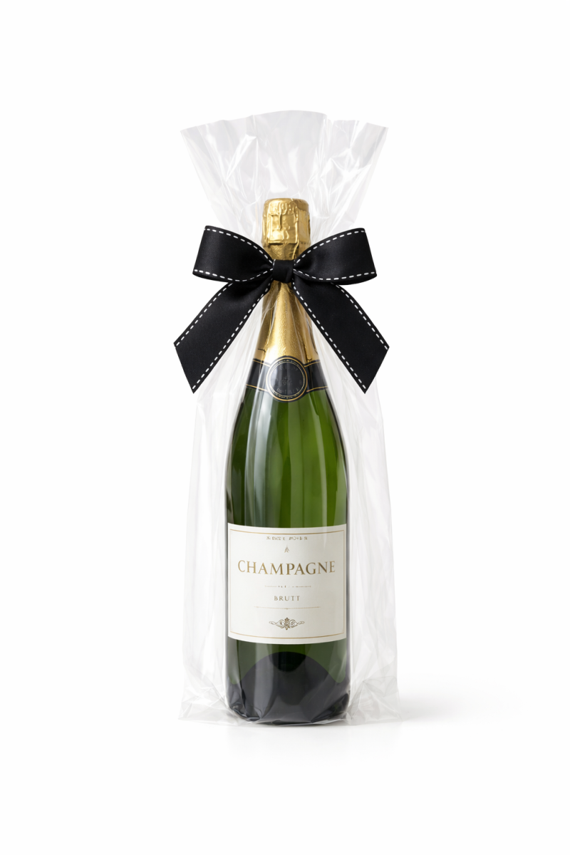 Champagne bottle wrapped in clear cello gift bag with bow