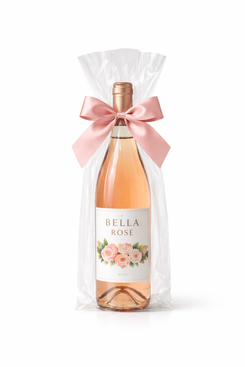 Rose wine bottle wrapped in clear cello wine bag with pink ribbon