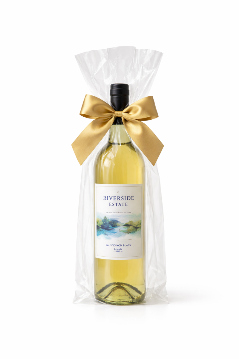 White wine gift wrapped using clear cello wine bag
