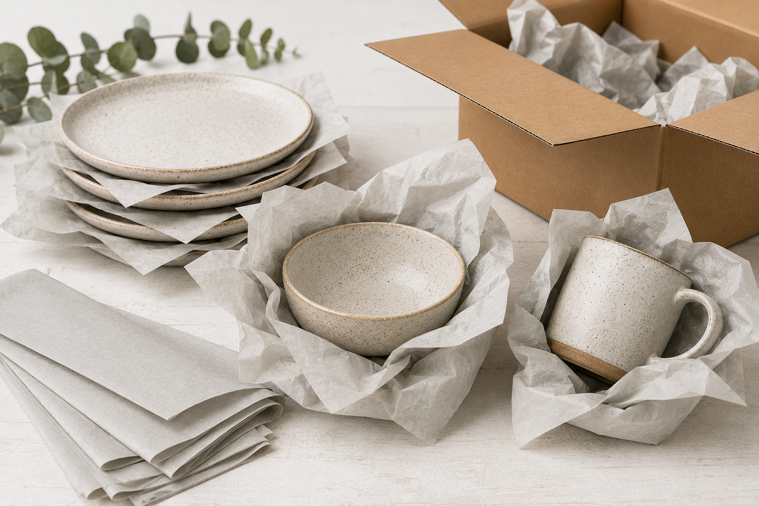 Recycled tissue paper wrapping ceramics, plates, bowl and mug with kraft shipping box
