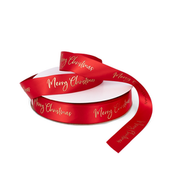Gold Merry Christmas on Red Single Sided Satin Ribbon - Woven Edge 25mm x 45m 