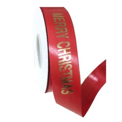 Printed Florist Tear Ribbon - 30mm x 45M - Red with Gold Merry Christmas