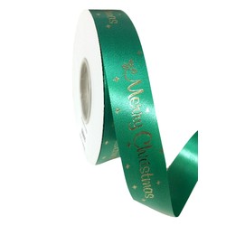 Printed Florist Tear Ribbon - 30mm x 45M - Green with Gold Merry Christmas