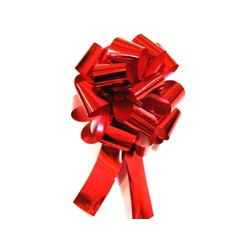 12 x Pull String Pom Pom Bow - Metallic Red