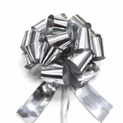 12 x Pull String Pom Pom Bow - Metallic Silver