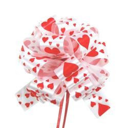 12 x Pull String Pom Pom Bow - Scattered Red Hearts