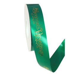 Printed Florist Tear Ribbon - 30mm x 45M - Green with Gold Season's Greetings