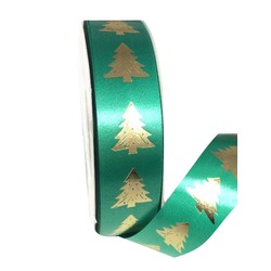 Printed Florist Tear Ribbon - 30mm x 45M - Green with Gold Trees