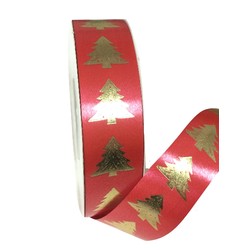 Printed Florist Tear Ribbon - 30mm x 45M - Red with Gold Trees