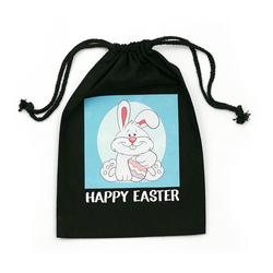 Easter Bags - Bunny on Blue  - Black Calico Bags 20cm x 30cm with drawstrings