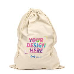 Custom Printed Natural Calico Bag Sacks - 50cm x 70cm with Drawstrings - Your Logo