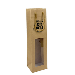 Custom Printed - Kraft Brown Single Wine Bottle Gift Bag with Clear Window - Rope Handles