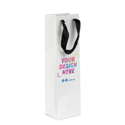Custom Printed Kraft Bags - Premium White Single Wine Bottle Gift Bag - Black Handles
