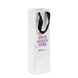 Custom Printed - Kraft Bags - Premium White Single Wine Bottle Gift Bag - Black Ribbon Handles