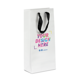 Custom Printed - Kraft Bags - Premium White Double Wine Bottle Gift Bag - Black Ribbon Handles