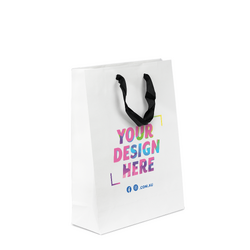 Custom Printed - Kraft Bags - Premium White Medium Gift Bag - Black Ribbon Handles