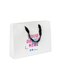 Custom Printed - Kraft Bags - Premium White Medium Boutique Gift Bag - Black Ribbon Handles