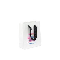Custom Printed - Kraft Bags - Premium White Small Mini Gift Bag - Black Ribbon Handles