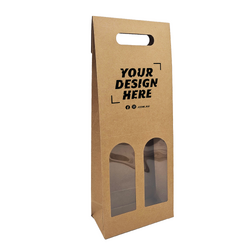 Custom Printed - Premium Double Wine Bottle Gift Bag with Clear Window - Brown Kraft