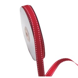 Red with White Stitch- Grosgrain Ribbon 12mm x 25M