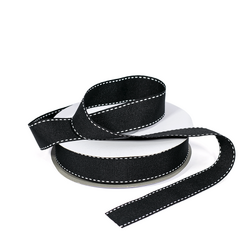 Grosgrain Ribbon  - 25mm x 25m - Black with White Stitch