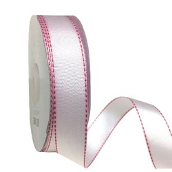 Grosgrain Ribbon - 25mm x 25m - White with Red Stitch 