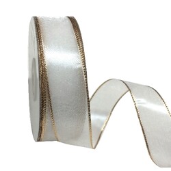 White Sheer Organza Ribbon with Gold Wire Edge - 25mm x 25M