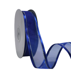 Blue Satin Edge Organza with Gold Thread Ribbon - 25mm x 25m