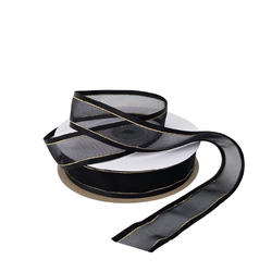 Black Satin Edge Organza with Gold Thread Ribbon - 25mm x 25m