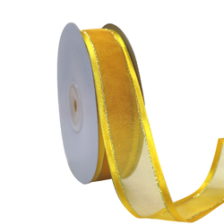 Yellow-Gold Satin Edge Organza with Gold Thread Ribbon - 25mm x 25m