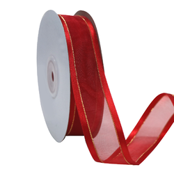 Red Satin Edge Organza with Gold Thread Ribbon - 25mm x 25m