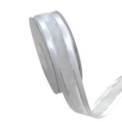 White Satin Edge Organza with Silver Thread Ribbon - 25mm x 25m