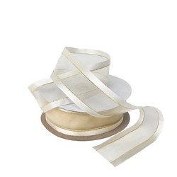 Ivory Satin Edge Sheer Organza With Gold Trim Ribbon - 38mm x 25M