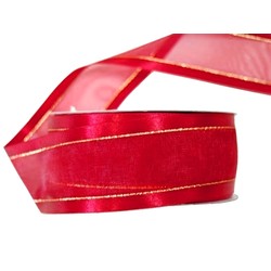 Red Satin Edge Sheer Organza With Gold Trim Ribbon - 38mm x 25M