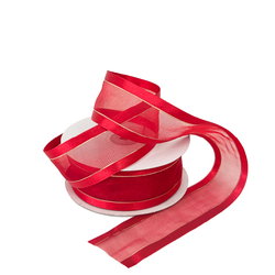 Red Satin Edge Sheer Organza With Gold Trim Ribbon - 38mm x 25M